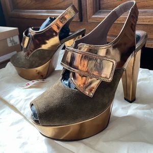 Marni Platform Brown Suede and Bronze Metallic Leather Shoe, 7 Brown/Bronze